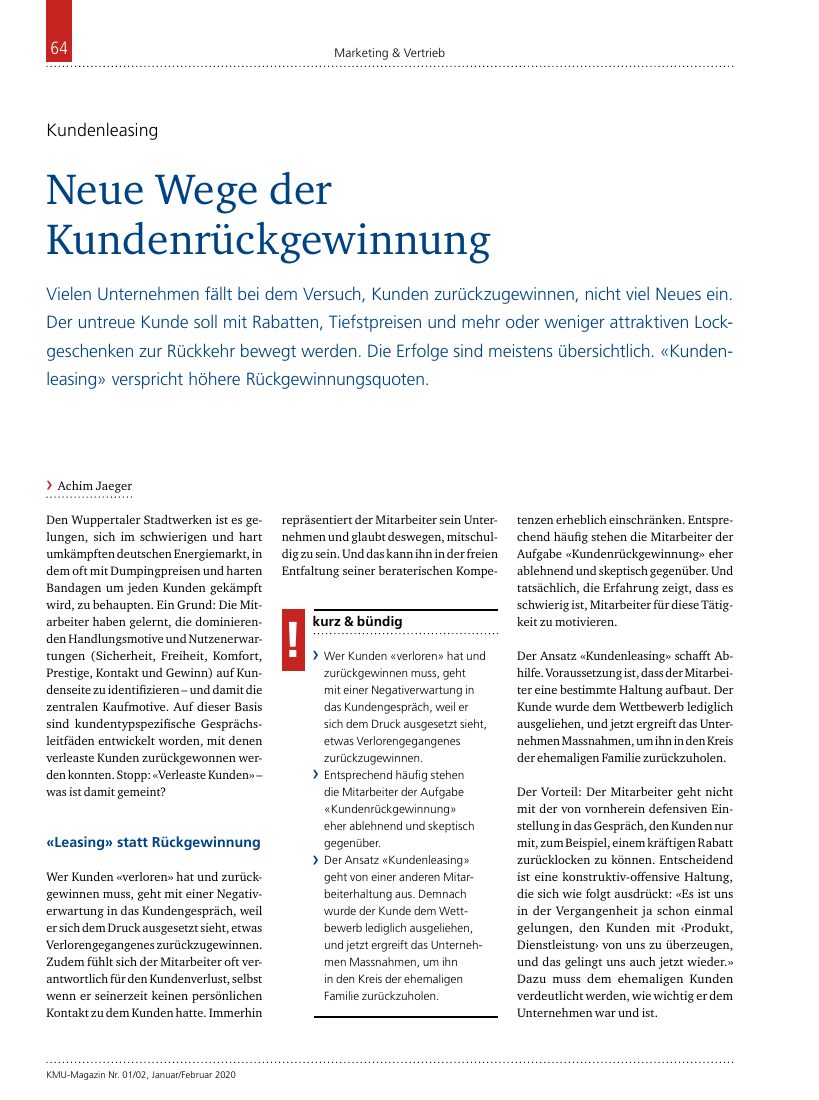 Beitrag im KMU-Magazin über das Kundenleasing-Modell