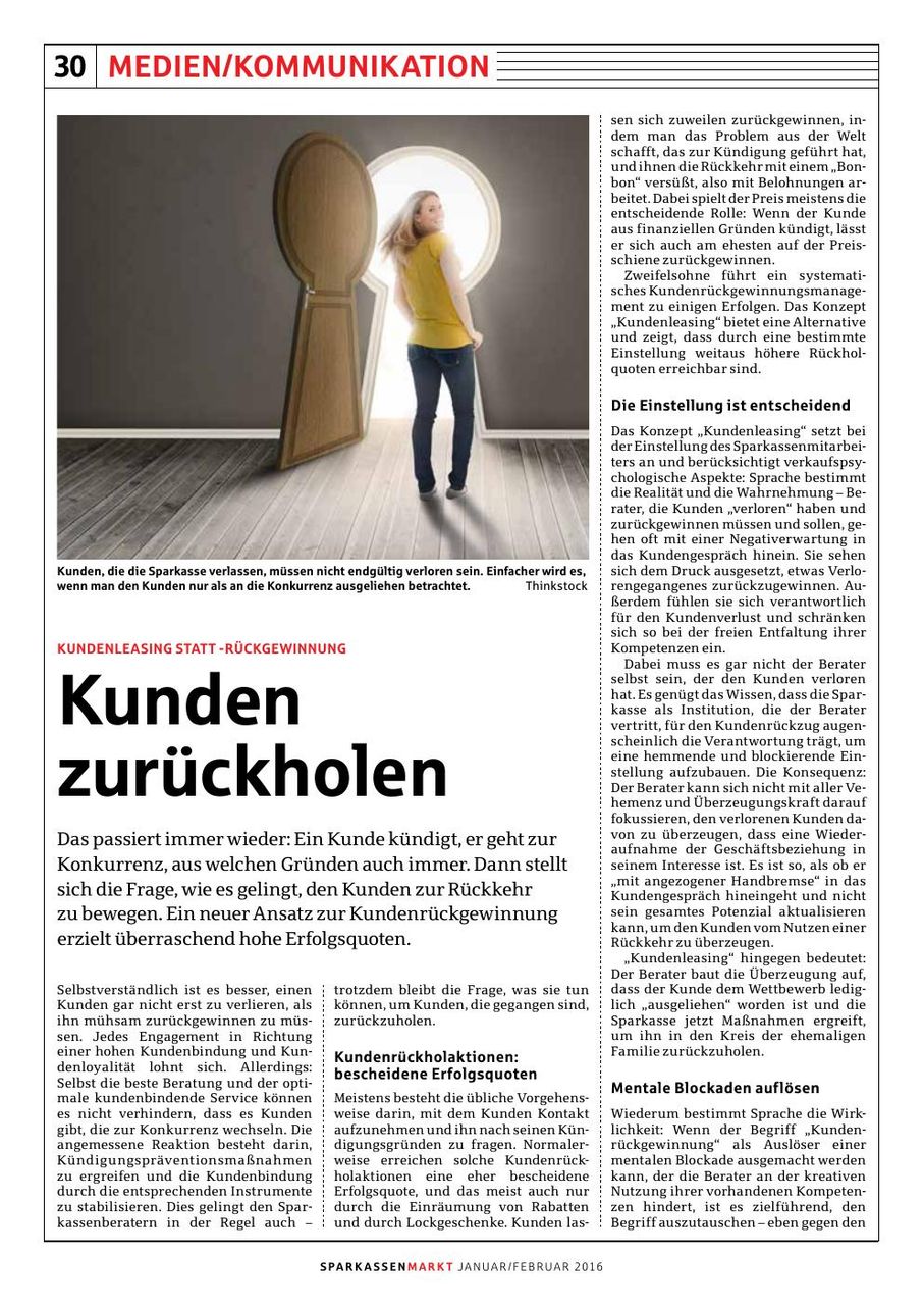 SparkassenMarkt-Beitrag „Kunden zurückholen“, Ausgabe Januar/Februar 2016