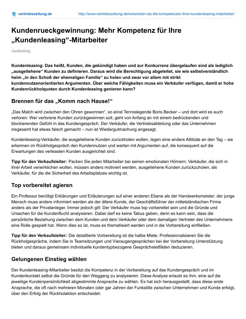 Fachbeitrag auf Vertriebszeitung.de zur Kundenrückgewinnung
