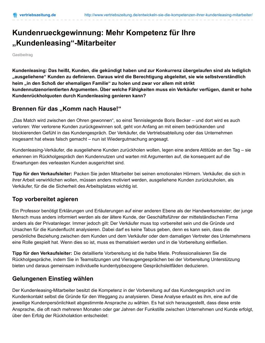 Fachbeitrag auf Vertriebszeitung.de zur Kundenrückgewinnung